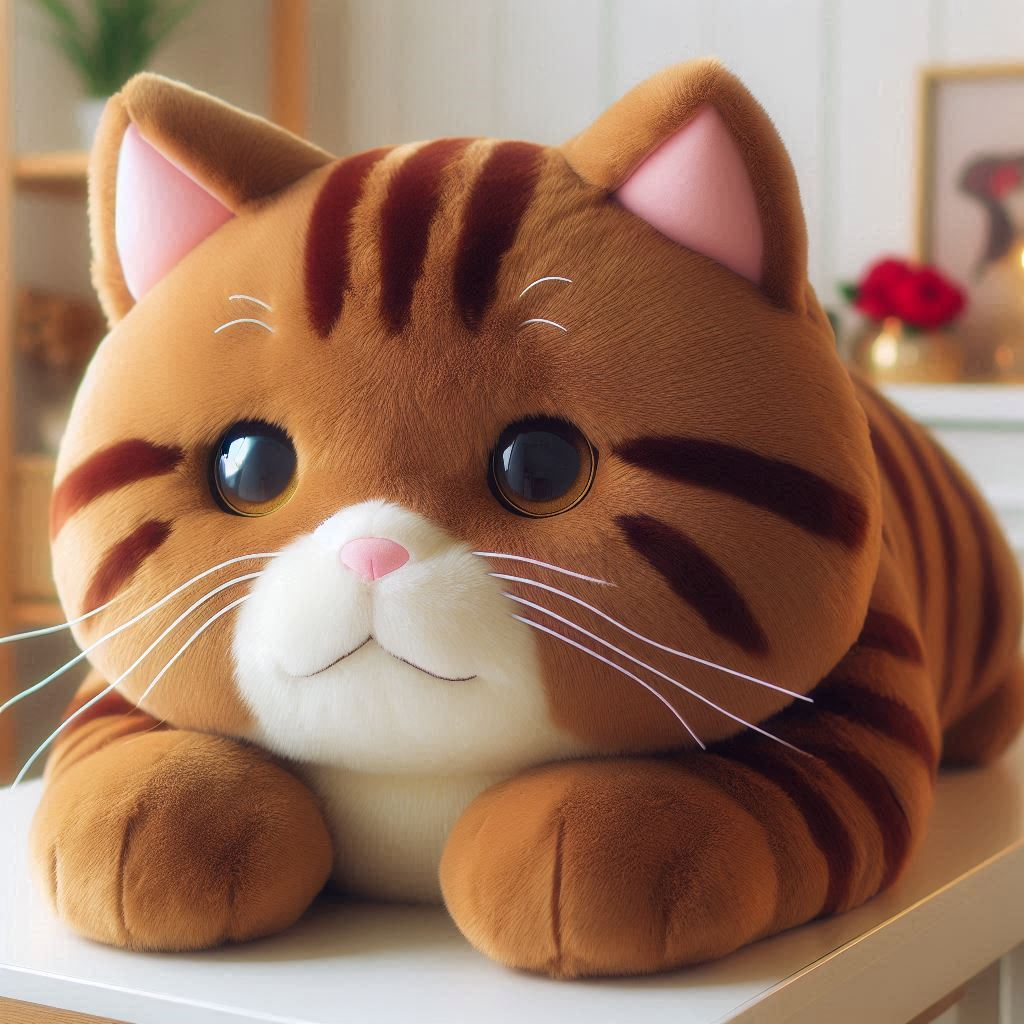 A weighted custom plush toy cat is on a table.
