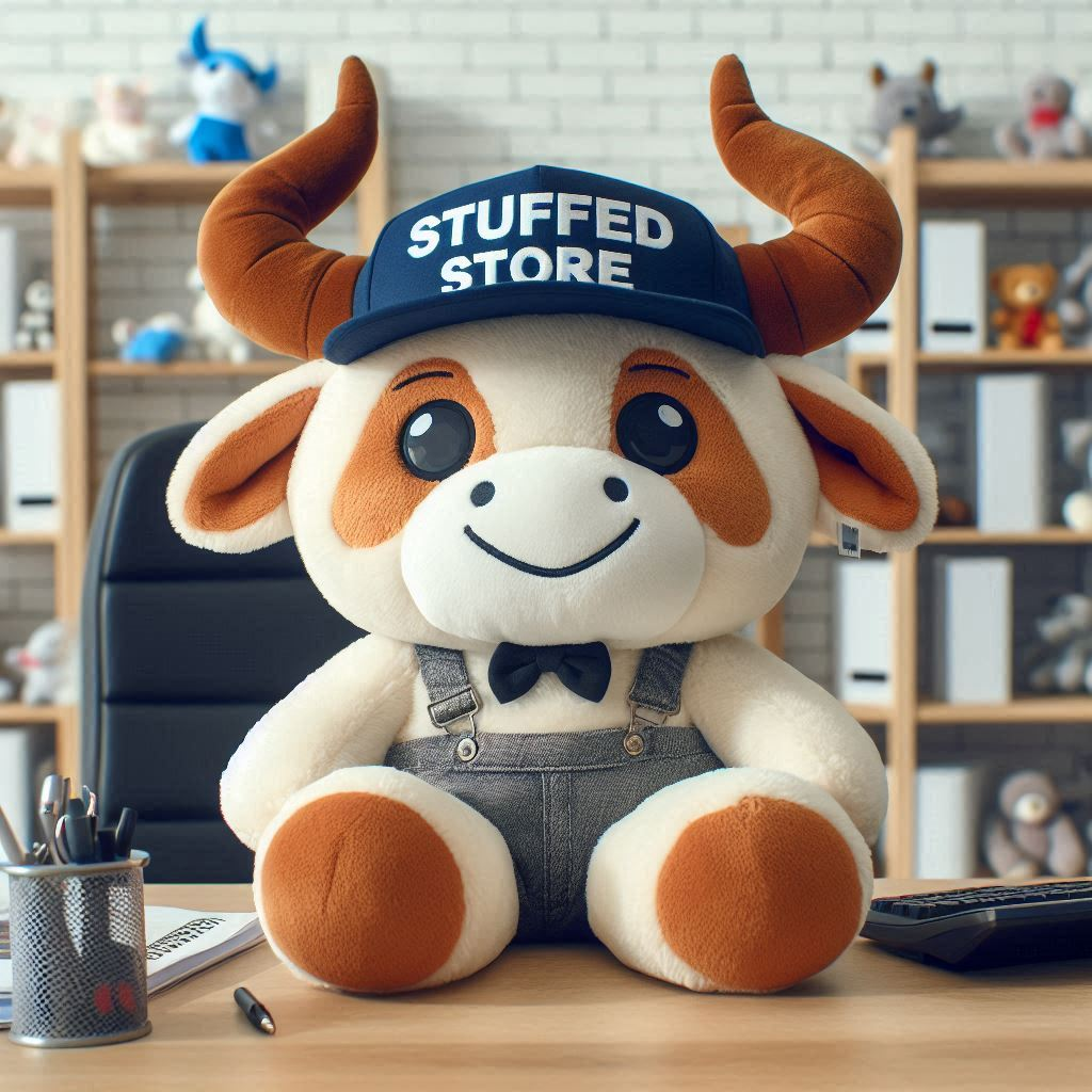 A custom plush toy mascot is sitting on a chair. The company's logo is on its cap.