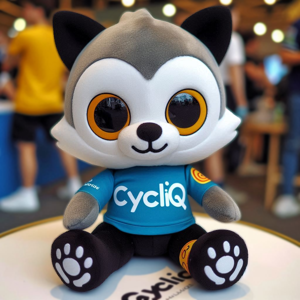 A promotional custom plushie with the company's logo is on a table in a tradeshow.