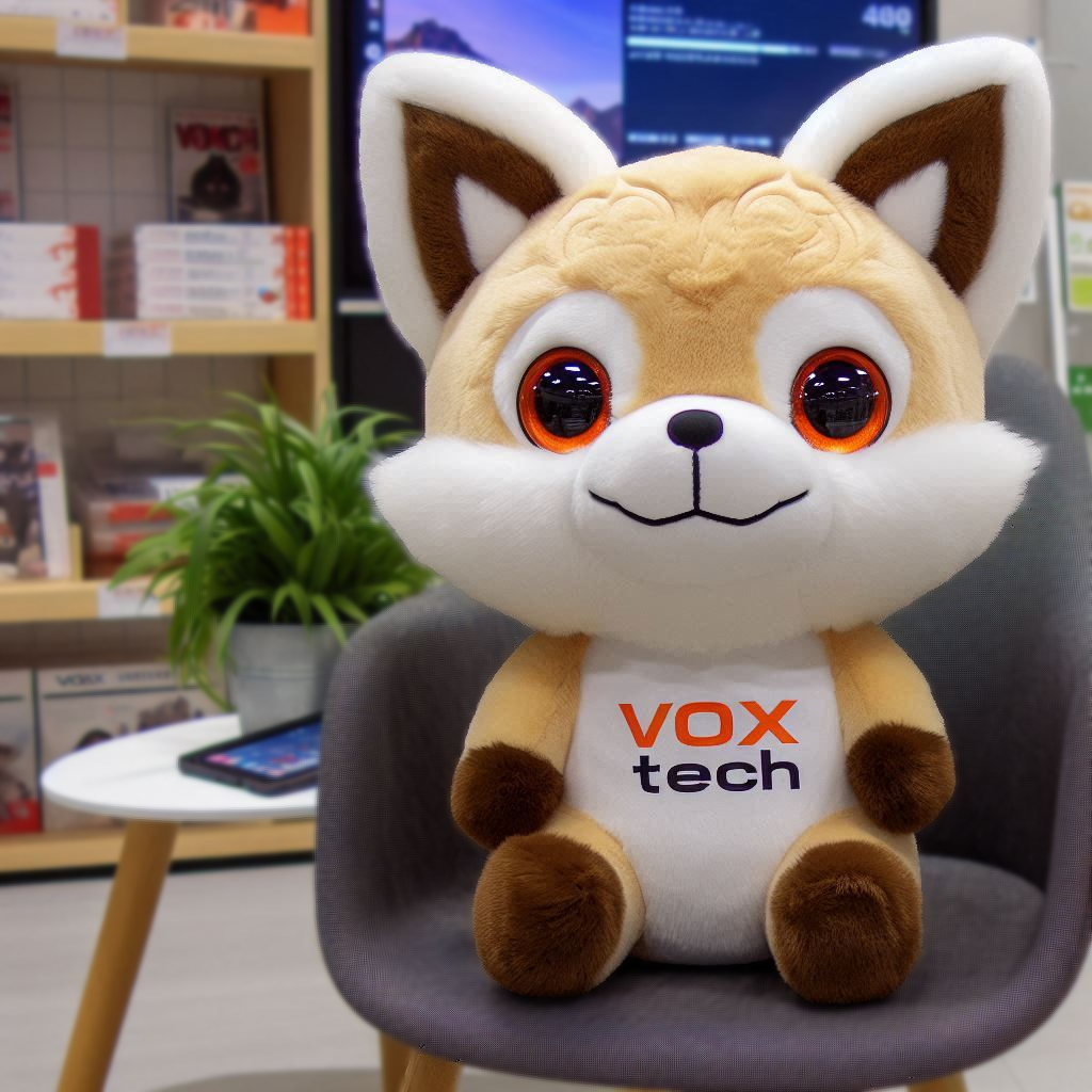 A custom plushie with the company's logo is on a chair. It is a white fox-looking creature.