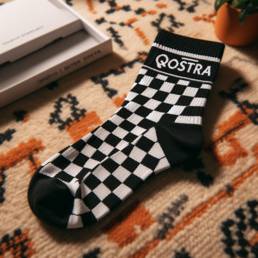 A checkered custom sock with the company's logo.