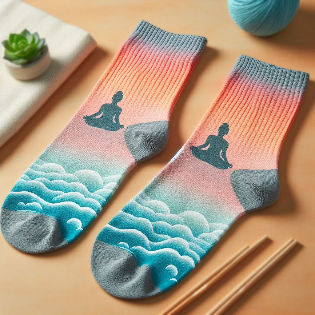 A custom yoga sock with a gradient design. It is on a table.