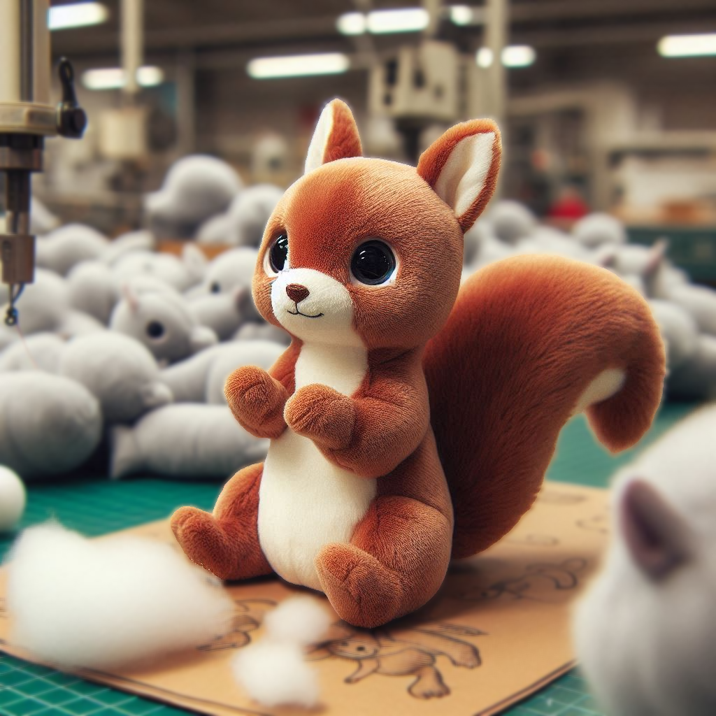 A custom plush animal and its stuffing on a factory table.