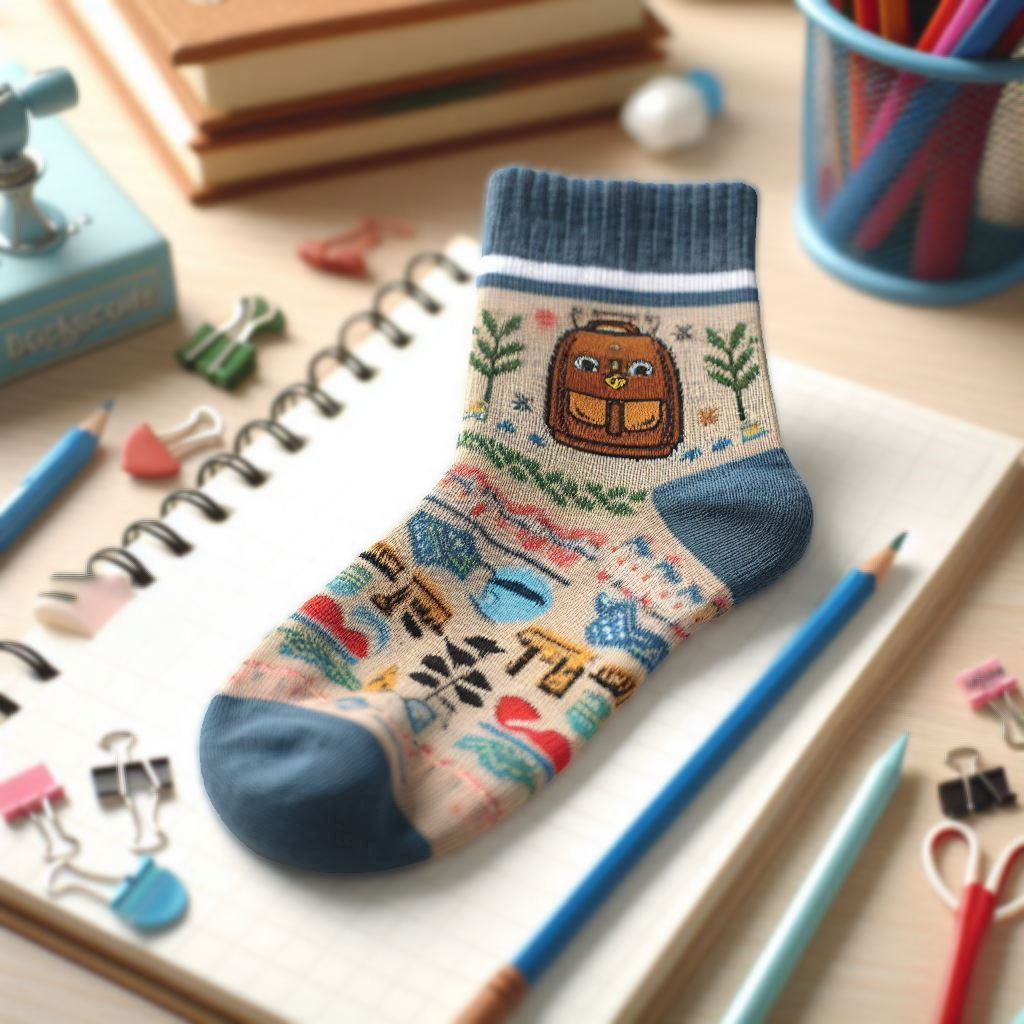 A custom sock with a back-to-school theme is lying on a notebook.