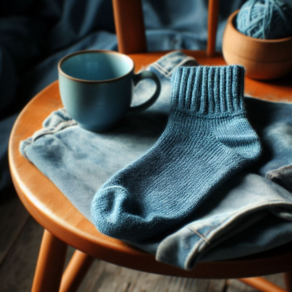 A blue custom sock. It is on a chair with denim cloth.