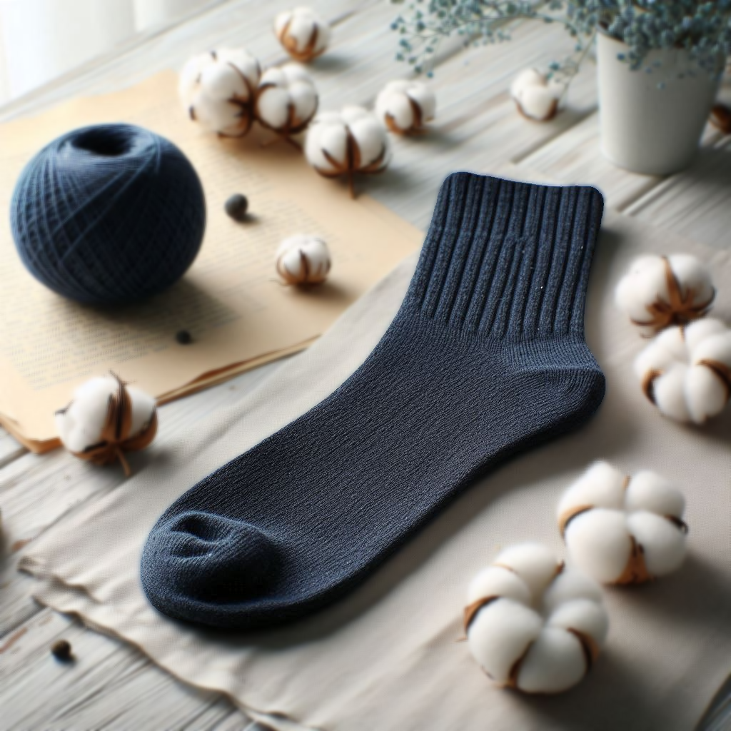 A navy custom sock. It is on a table with cotton flowers and a ball of cotton yarn.