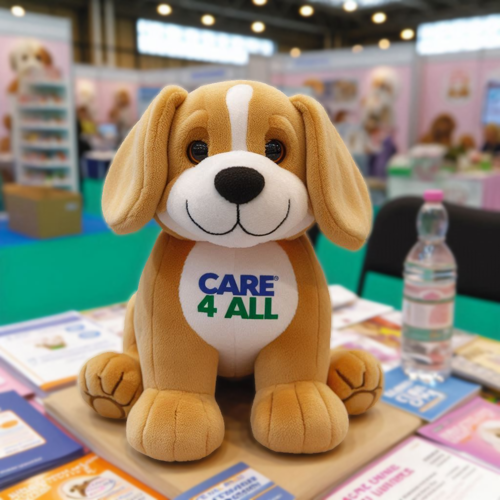 A custom stuffed animal for an animal charity. It is sitting on a table at an event.