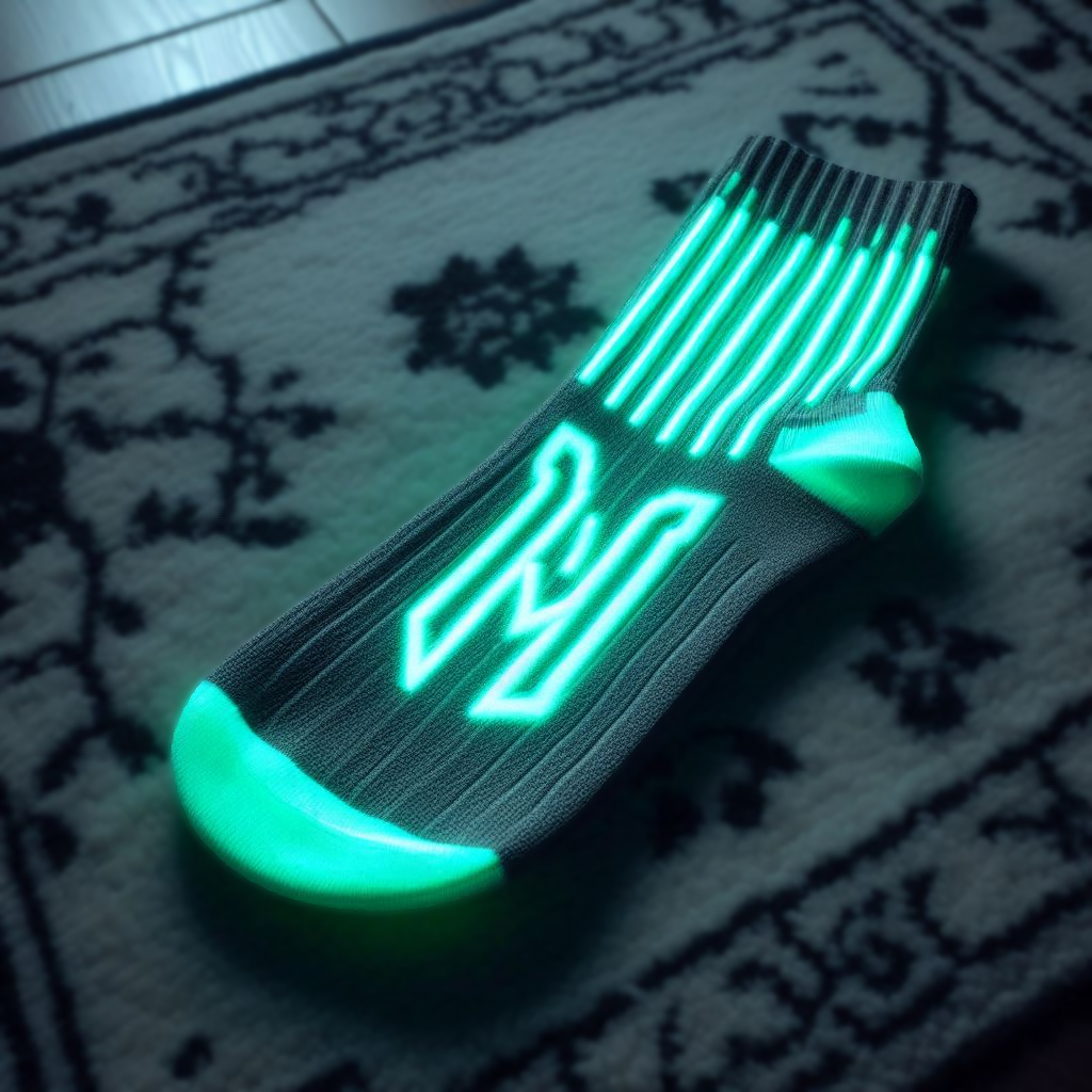 A glow-in-the-dark custom sock is on a rug.