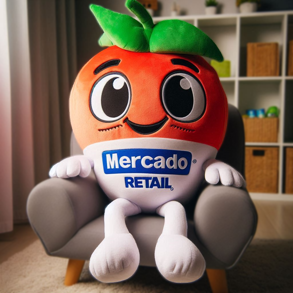 A custom plush toy strawberry for a company is on a chair.