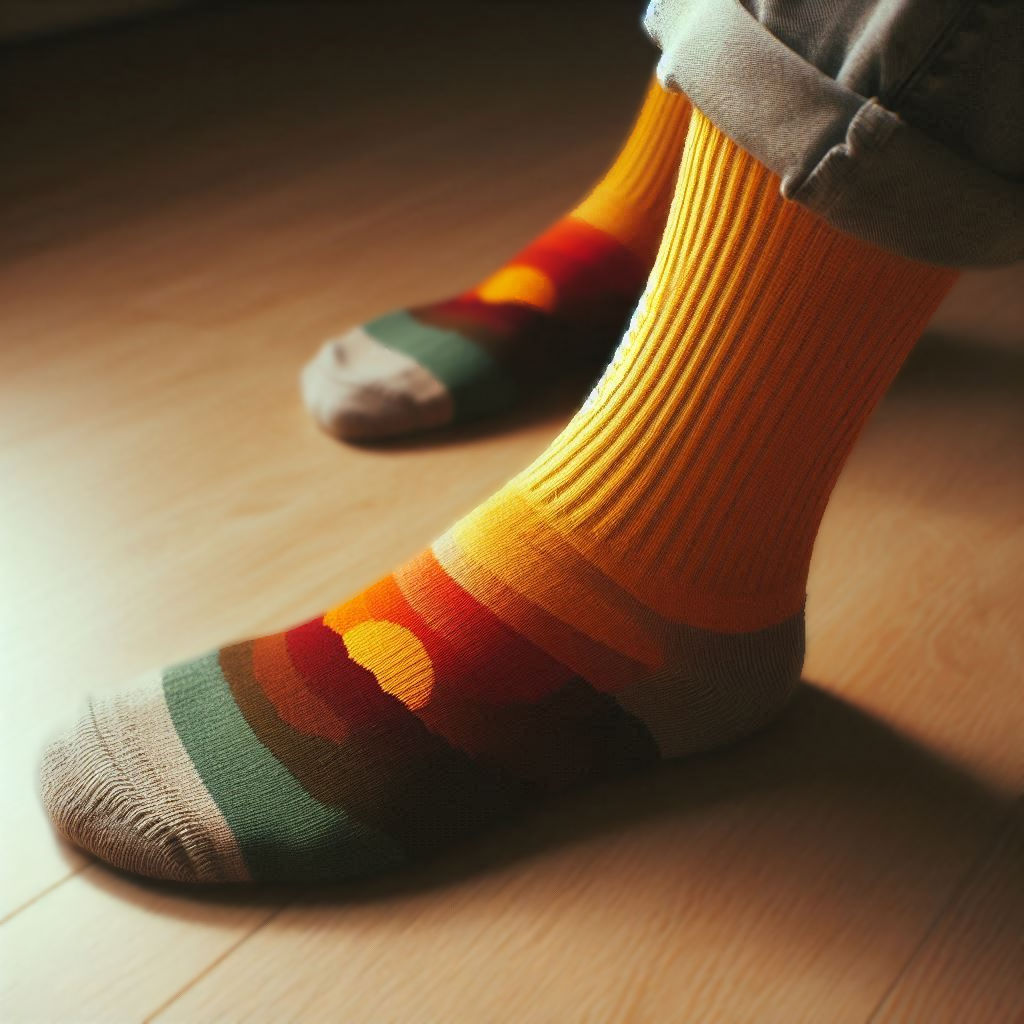 A person is wearing custom socks with warm, calming colors inspired by nature. The muted yet captivating palette creates an inviting and nostalgic retro feel. Think sunshine yellows, burnt oranges, and deep forest greens.