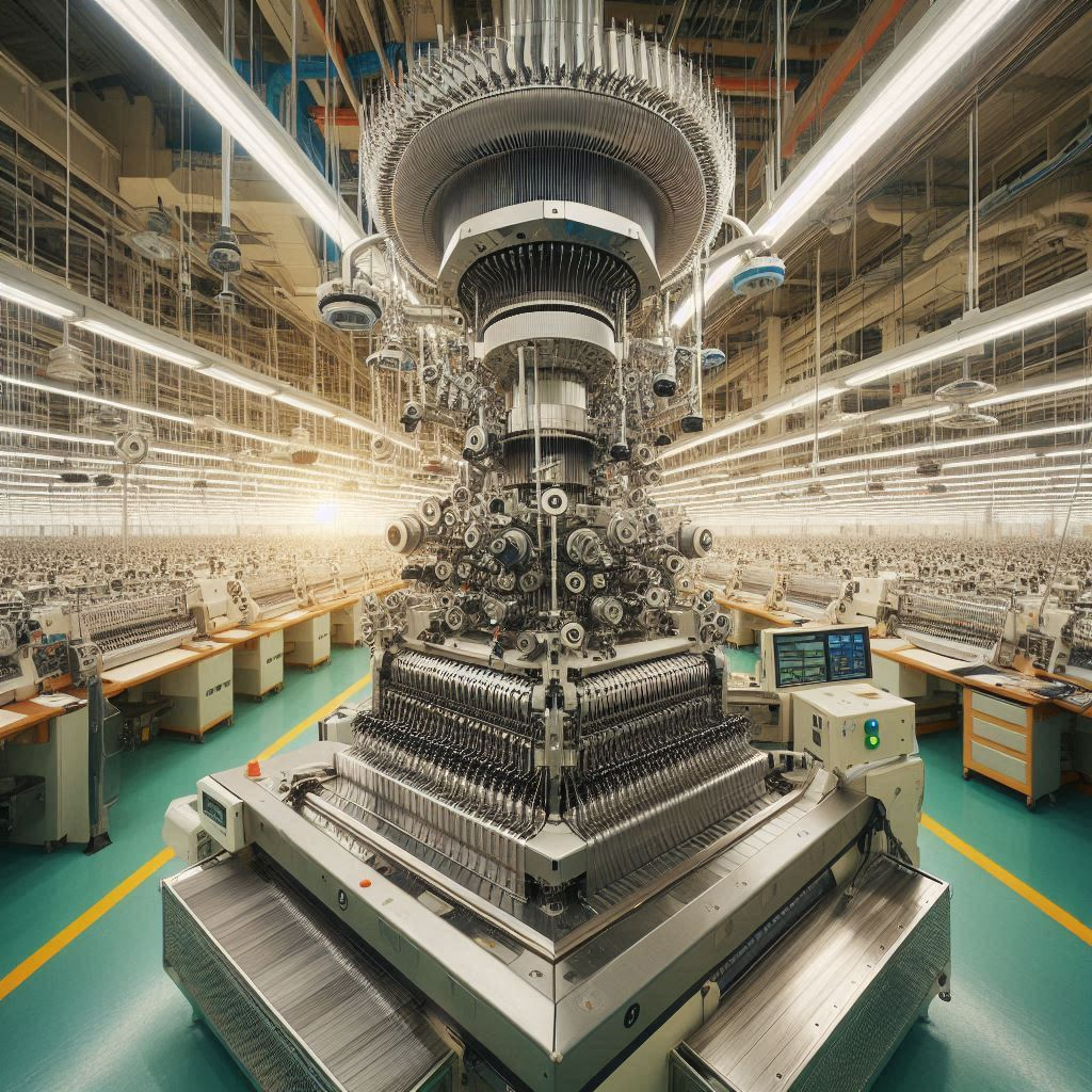 A garment-making machine in a factory.