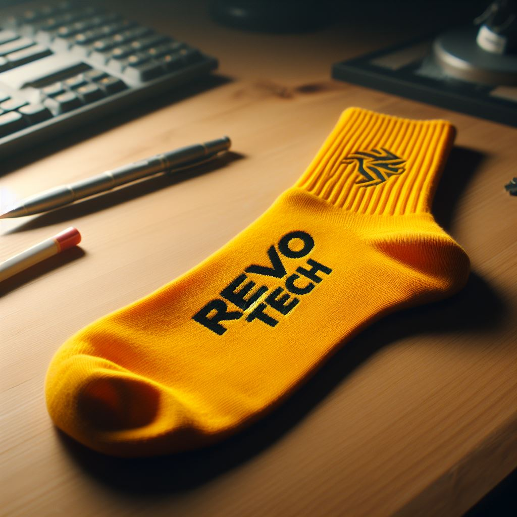 A yellow custom sock with the logo and design embroidered on it. It is lying on a table.