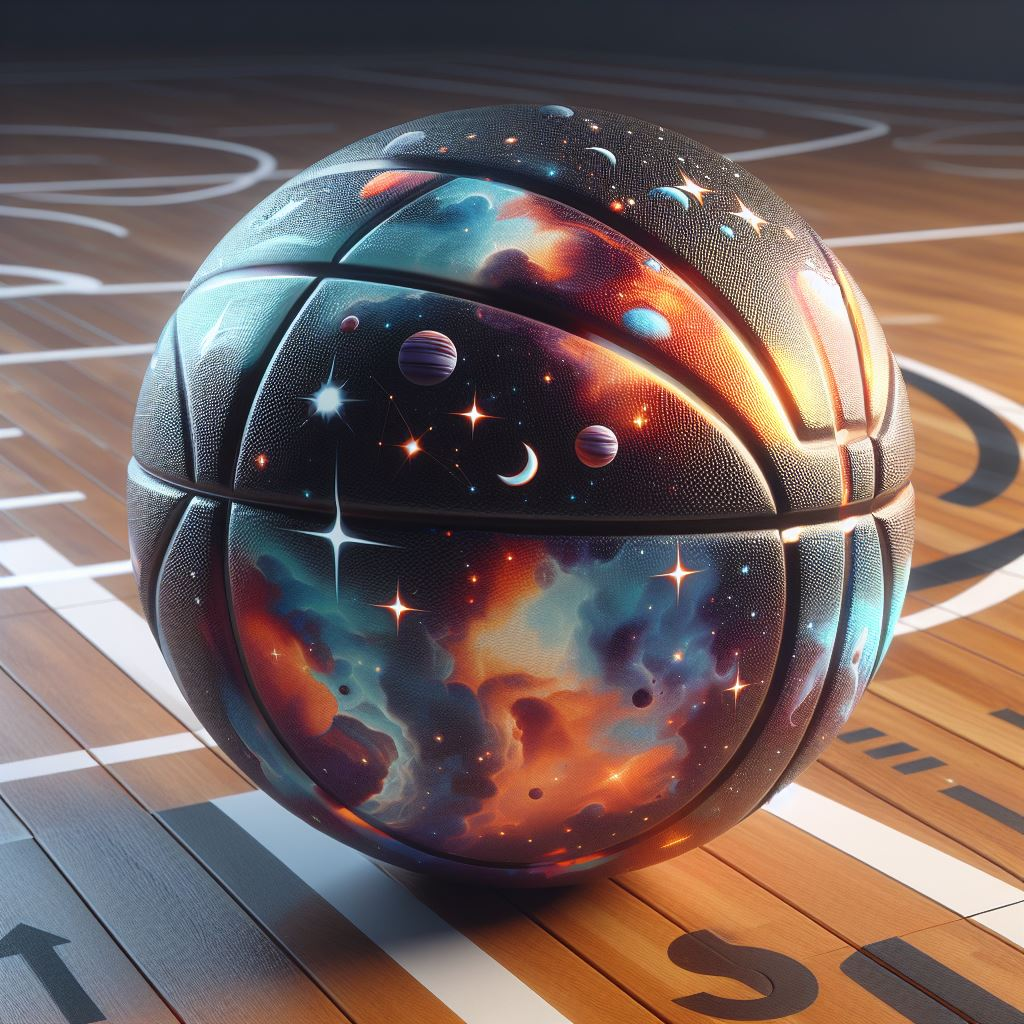 A galaxy-themed custom basketball. It is on the floor.