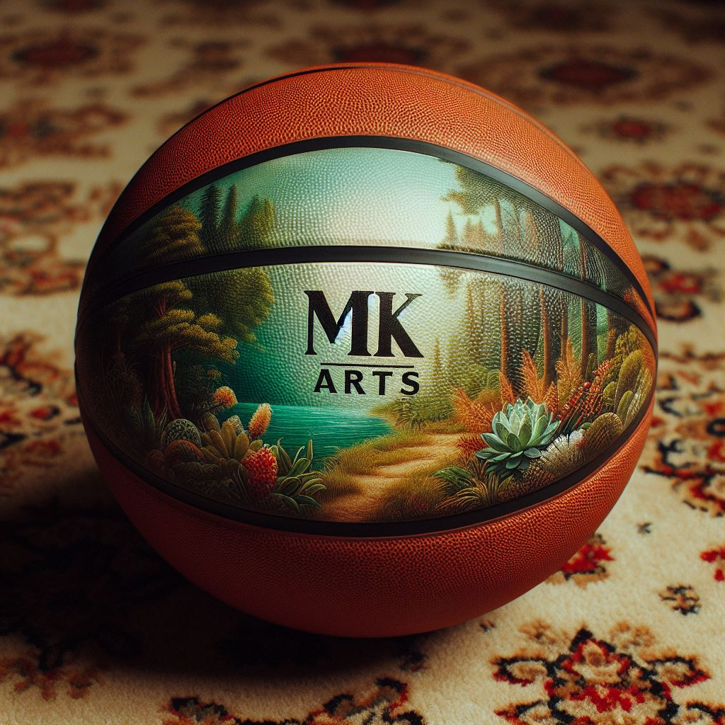 A custom basketball with a creative design and a company's logo. It is kept on a carpet.