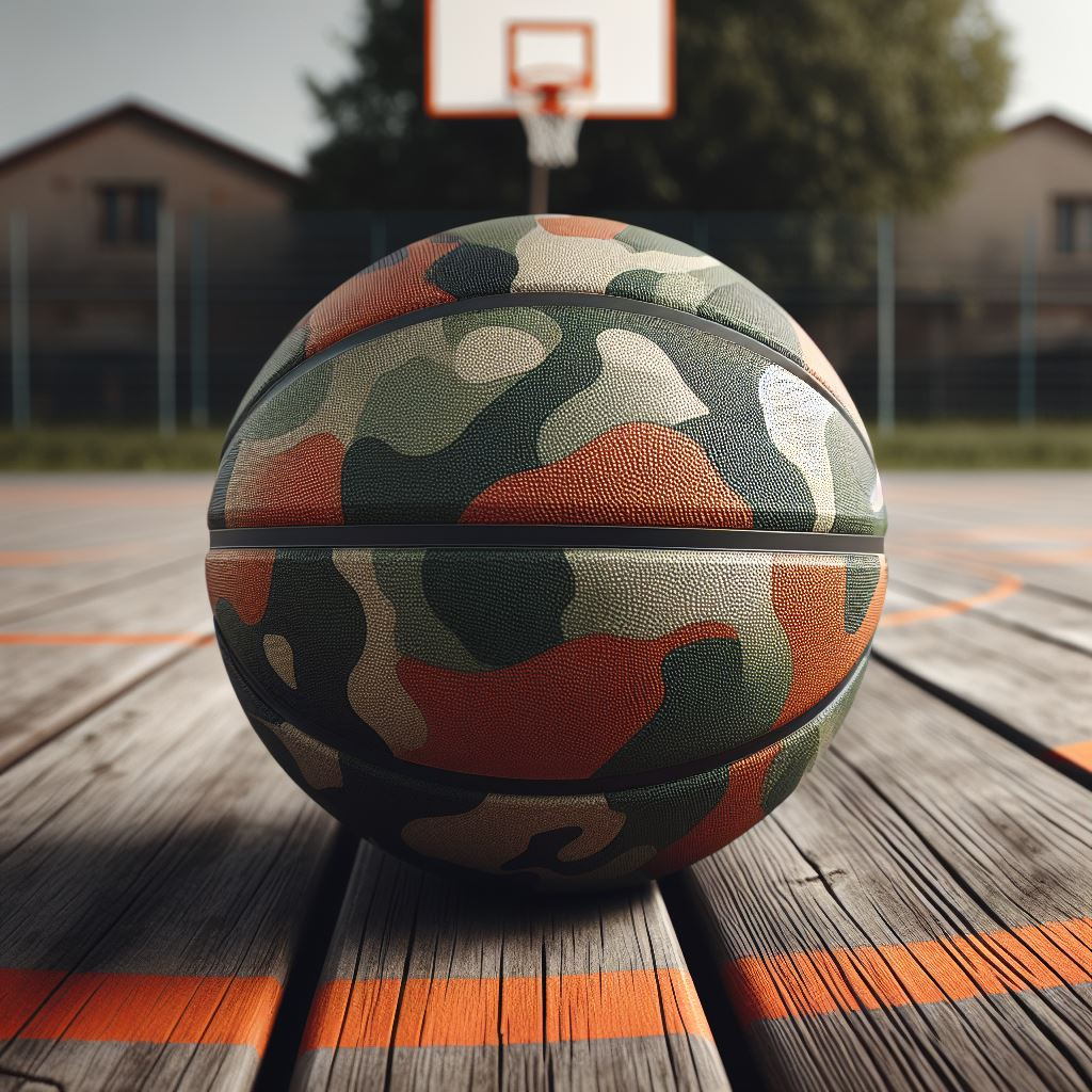 A customized basketball with a camouflage design. It is kept on a basketball court.