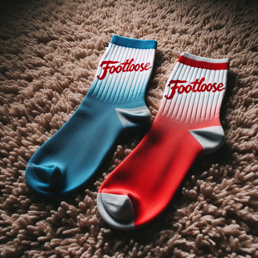 Two colorful custom socks are lying on the floor.