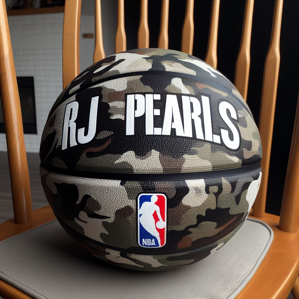 A camouflaged themed custom basketball with a company's logo. It is on a chair.