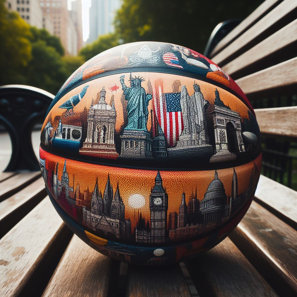 A creatively designed custom basketball with various monuments printed on it. It is kept on a park bench.