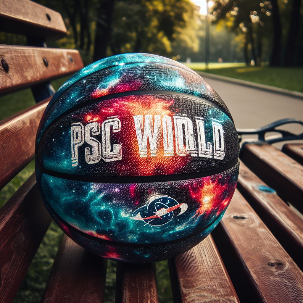 A galaxy-themed custom basketball with the company's logo. It is on a park bench.