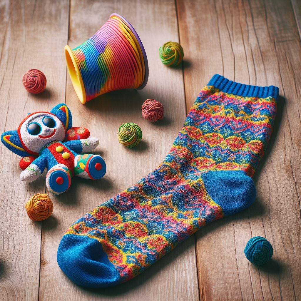 A colorful custom sock for a charitable organization. It is lying on the floor. It is customized by EverLighten.