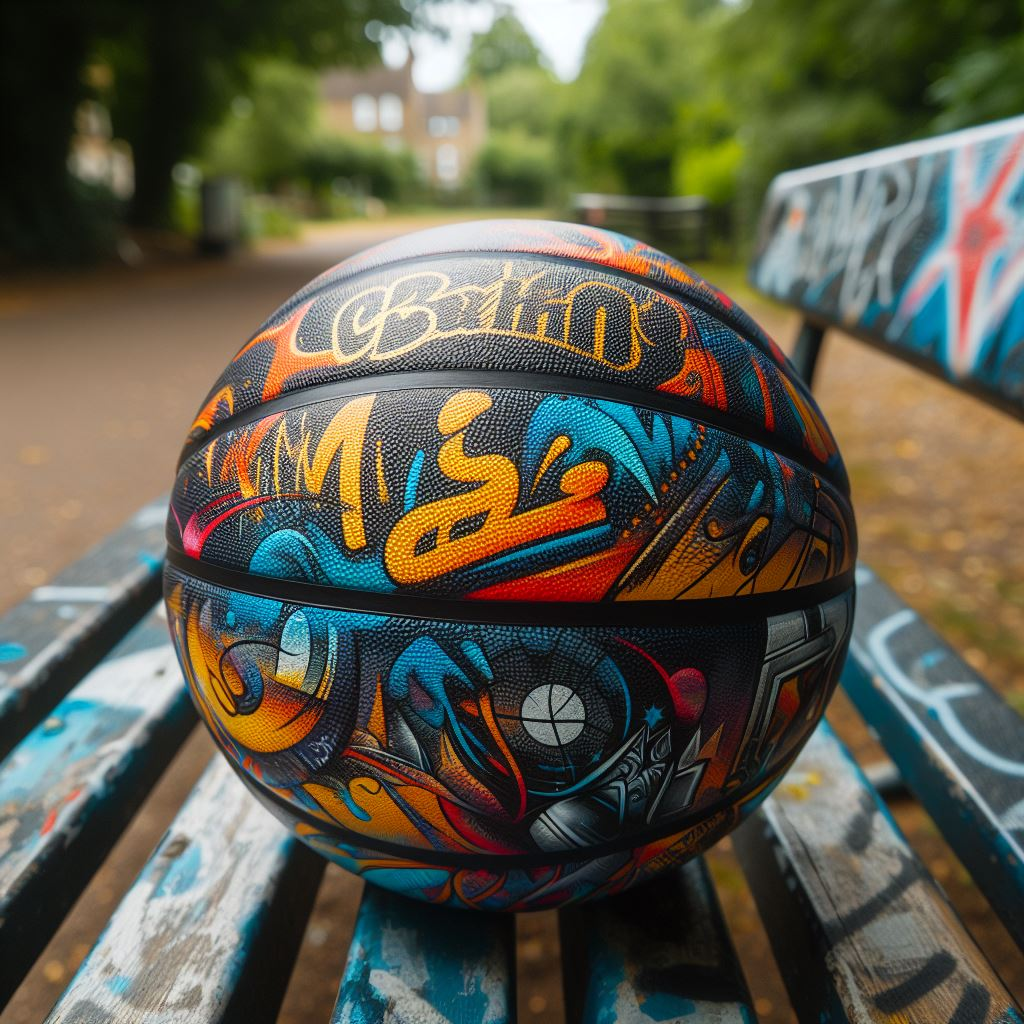 A custom basketball with graffiti artwork.  It is kept on a park bench.
