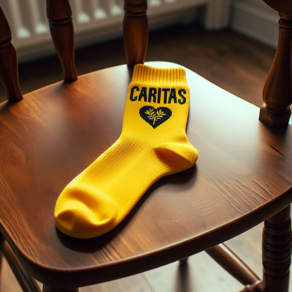 A yellow custom sock is lying on a chair. It is manufactured by EverLighten for a charitable cause.