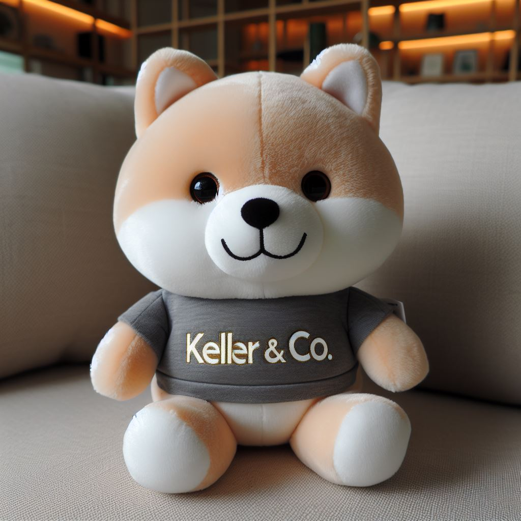 A cute custom plushie mascot for a company. It is sitting on a sofa.