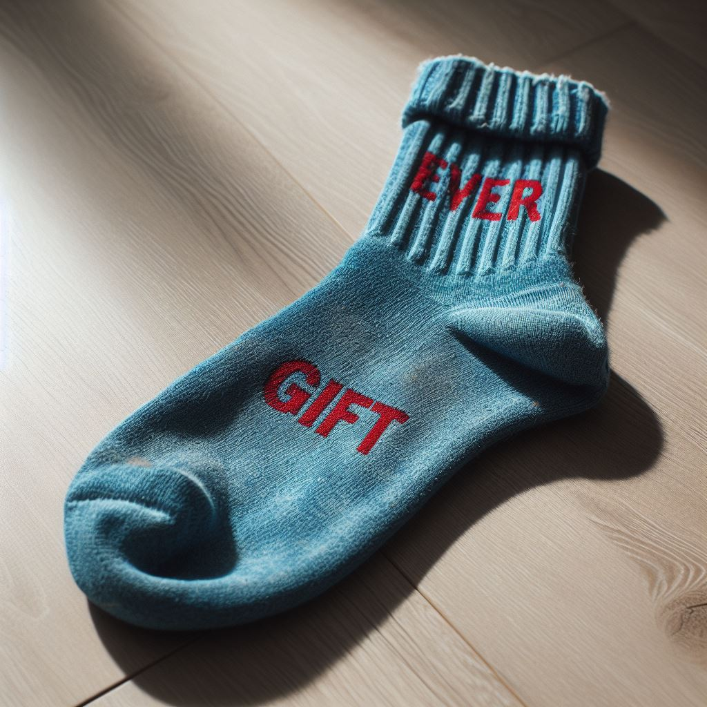 A blue custom sock with the Charity's name. It is lying on the floor. It is made by EverLighten.
