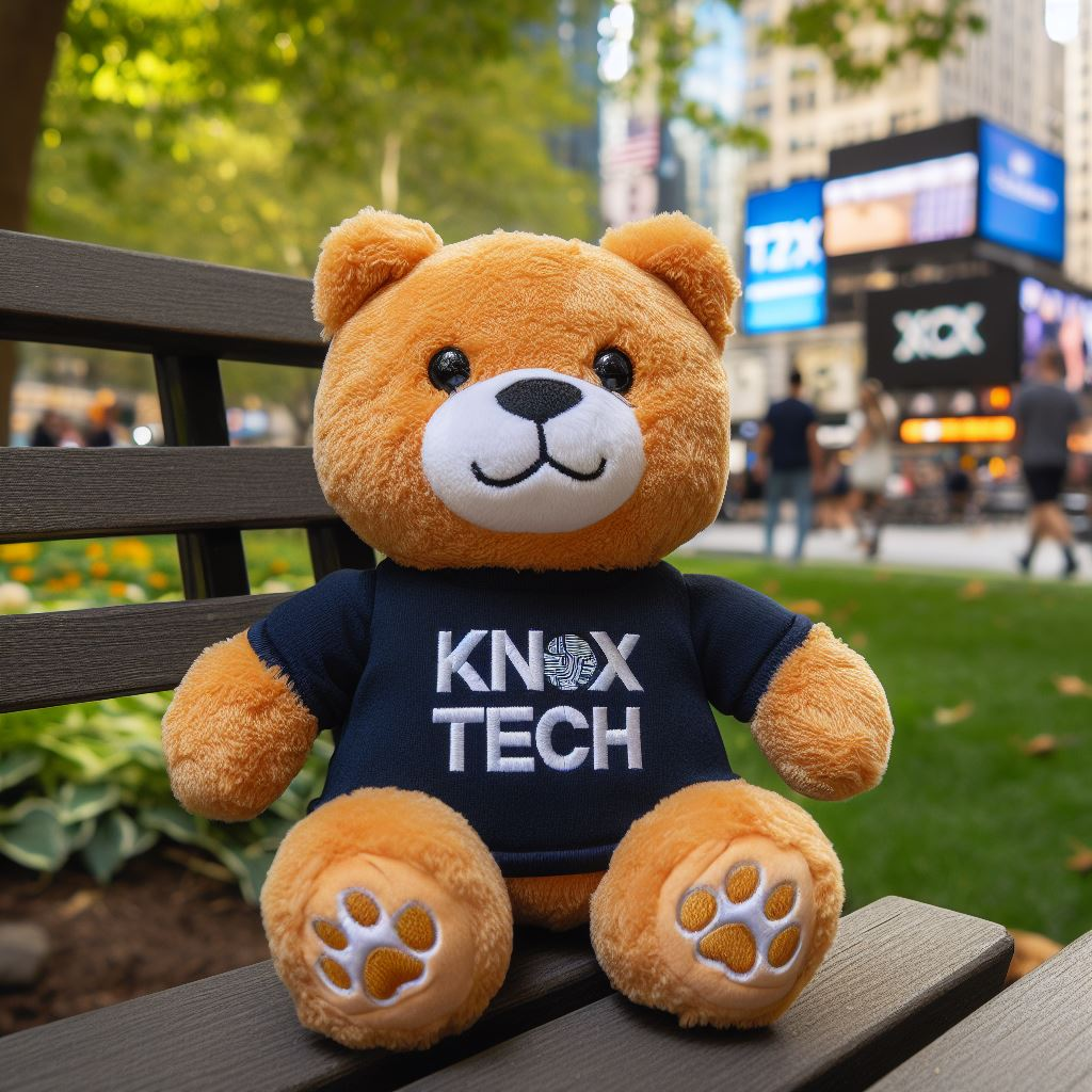 A cute custom plushie mascot for a company. It is sitting on a park bench.