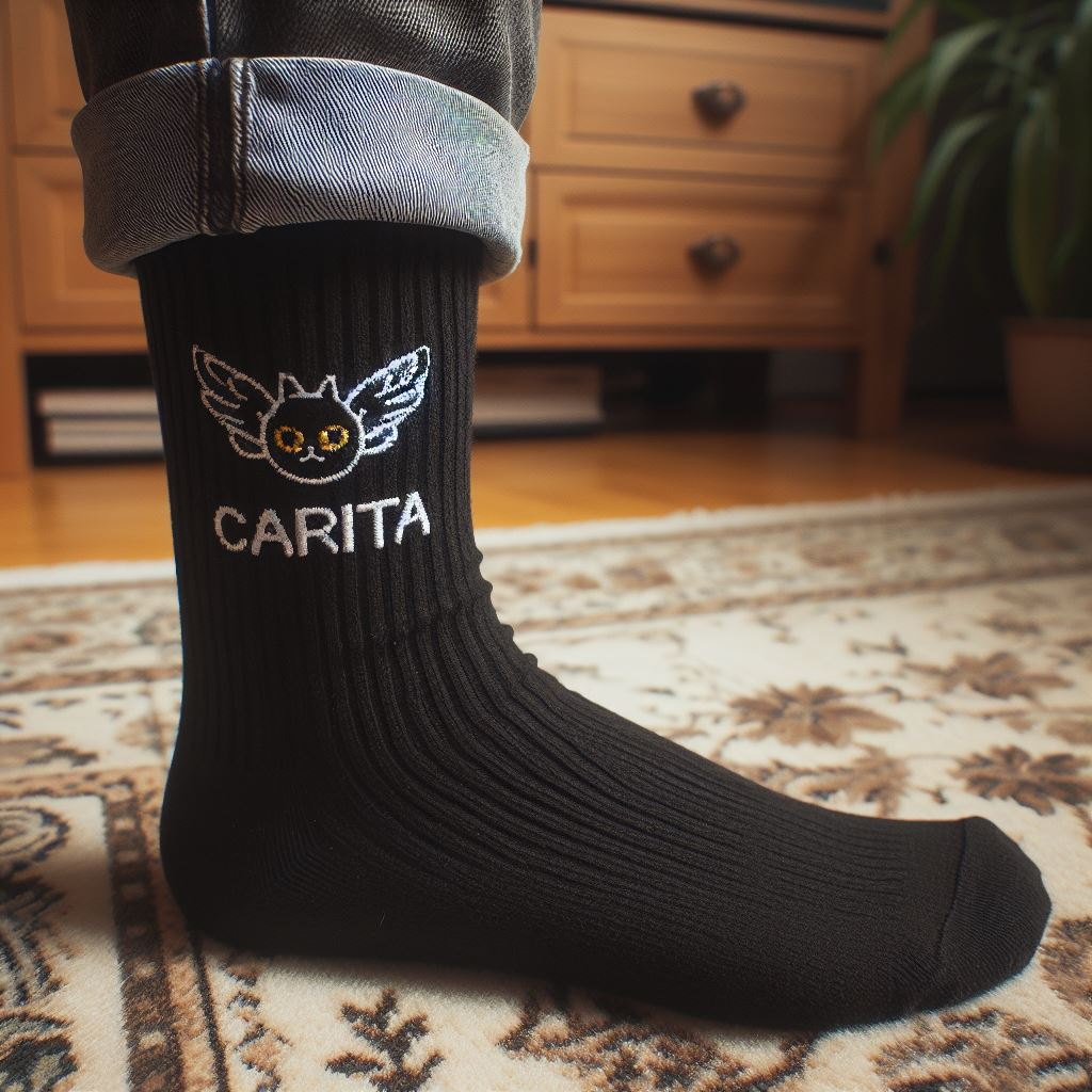 A person wearing a black custom sock with the non-profit name. It is made by EverLighten.