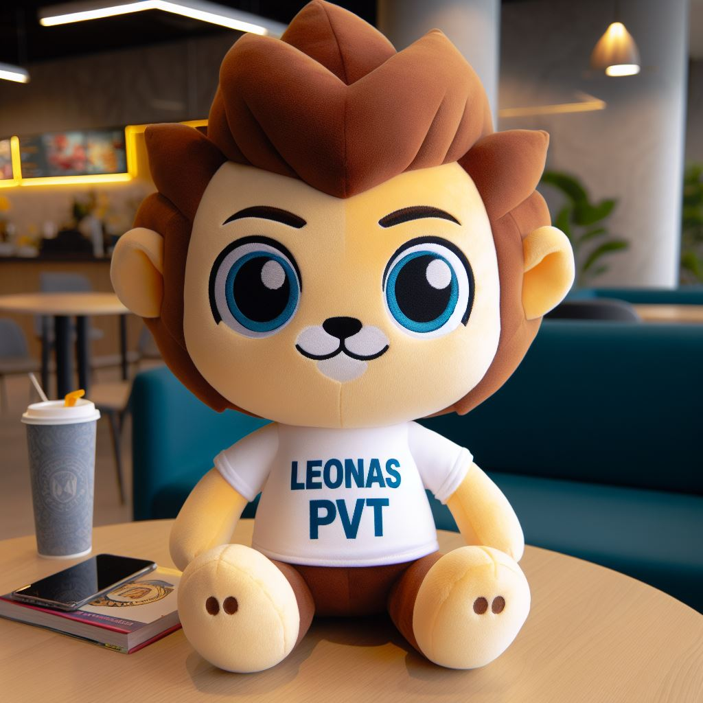 A custom stuffed animal for a company. It is sitting on a table.