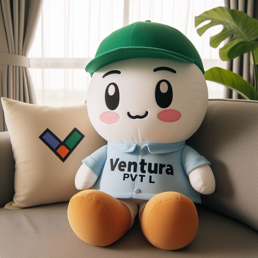 A custom stuffed toy with a company's logo sitting on a sofa. The logo is on its shirt.