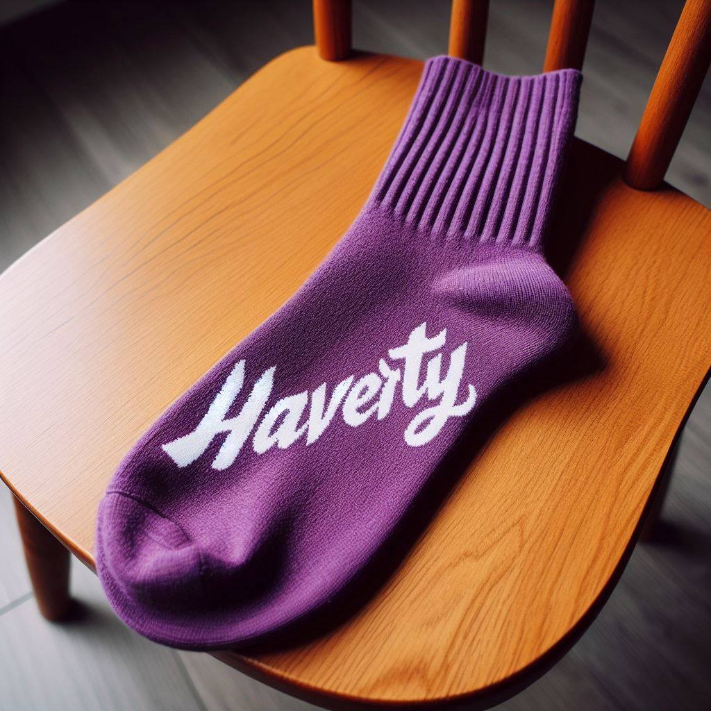 A purple custom sock for a charitable organization is lying on a chair. It is made by EverLighten.