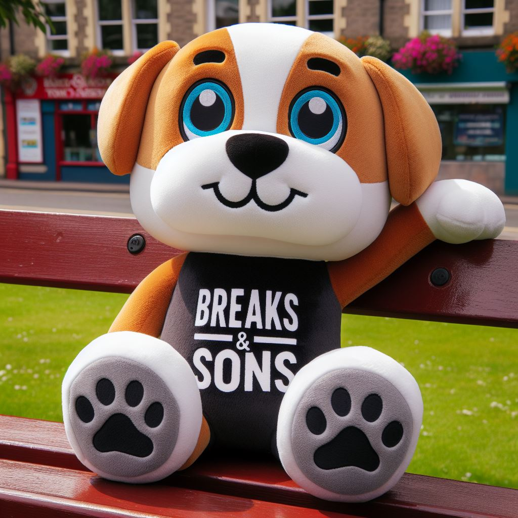 A custom plush toy with the company's logo. It is sitting on a park bench. It is made by EverLighten.