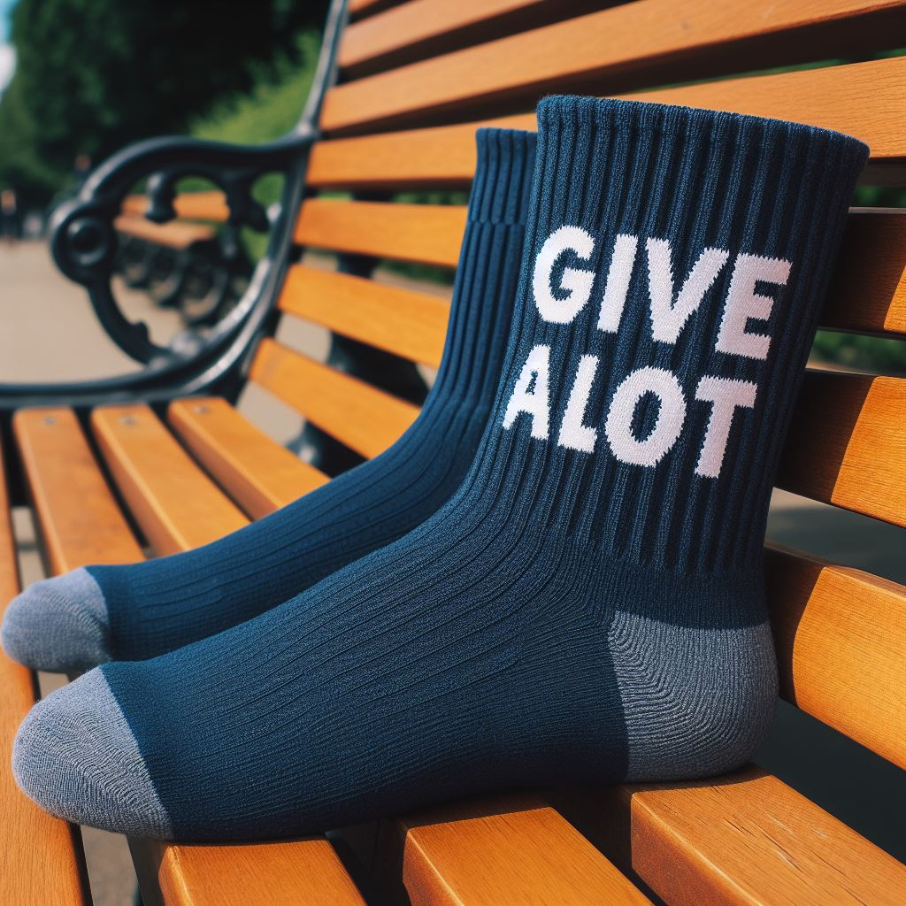Blue custom socks for a non-profit on a park bench. They are made by EverLighten.