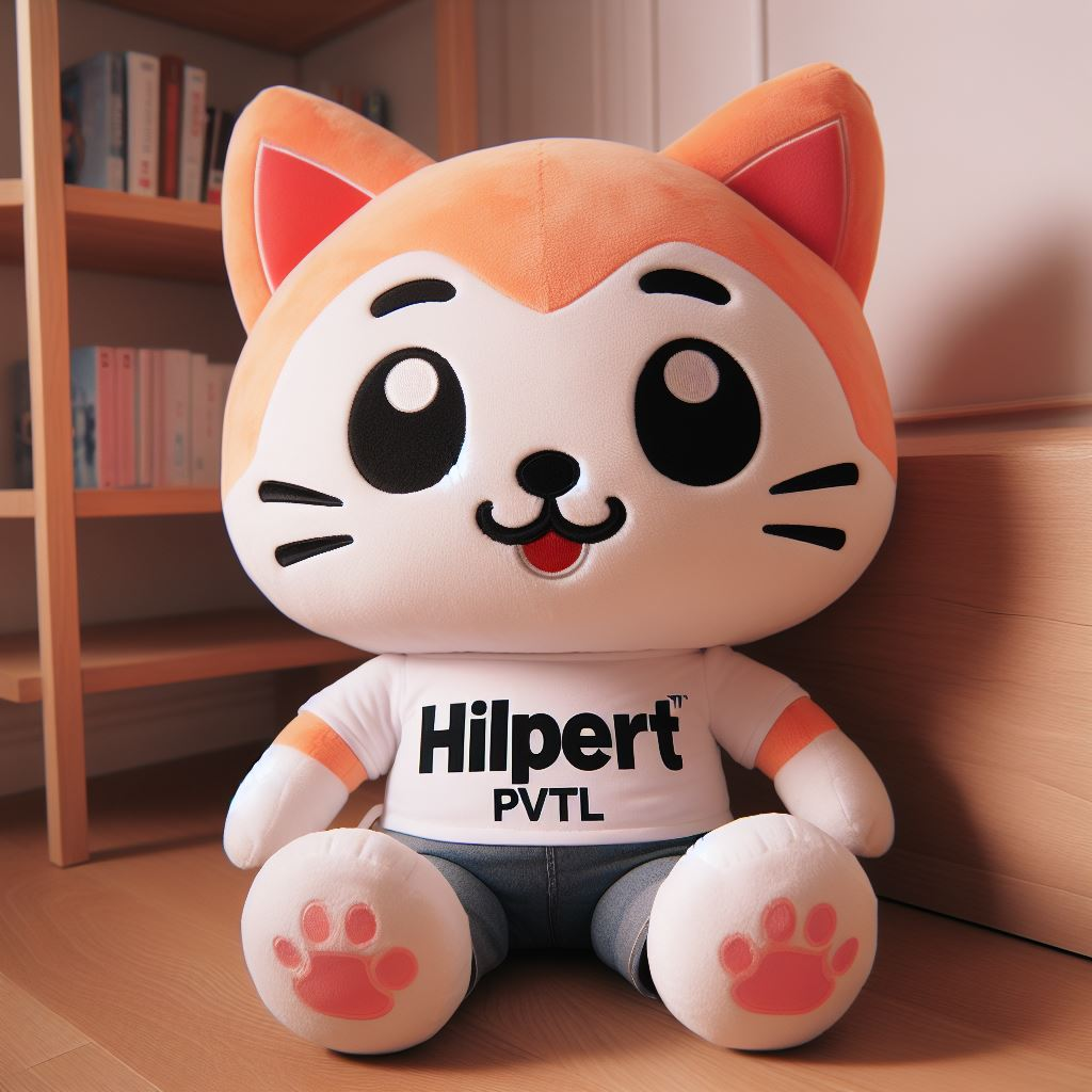 A custom plushie with the company's logo. It is sitting on a sofa. It is manufactured by EverLighten.