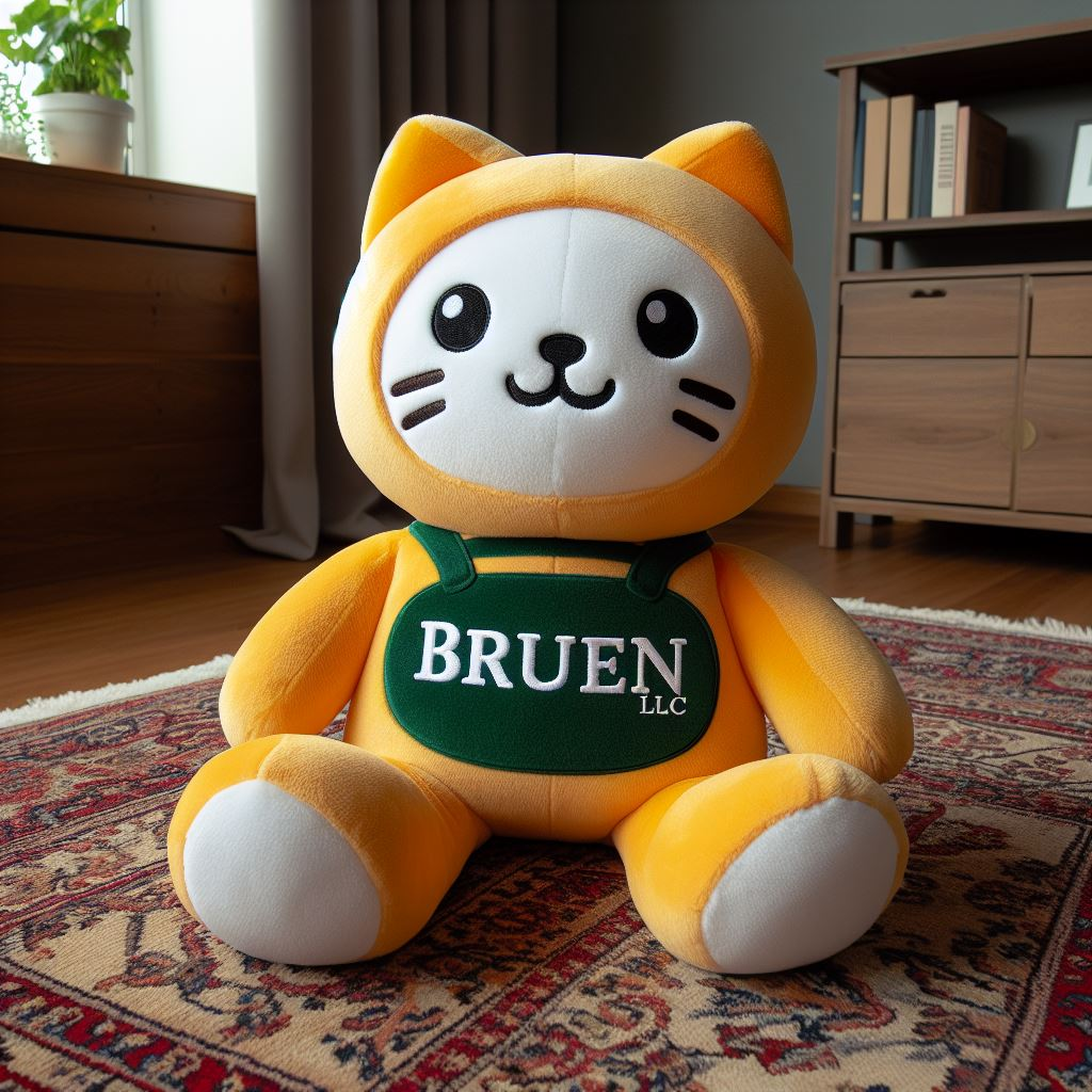 A custom stuffed toy with the company's logo. It is on a carpet. It is customized by EverLighten.