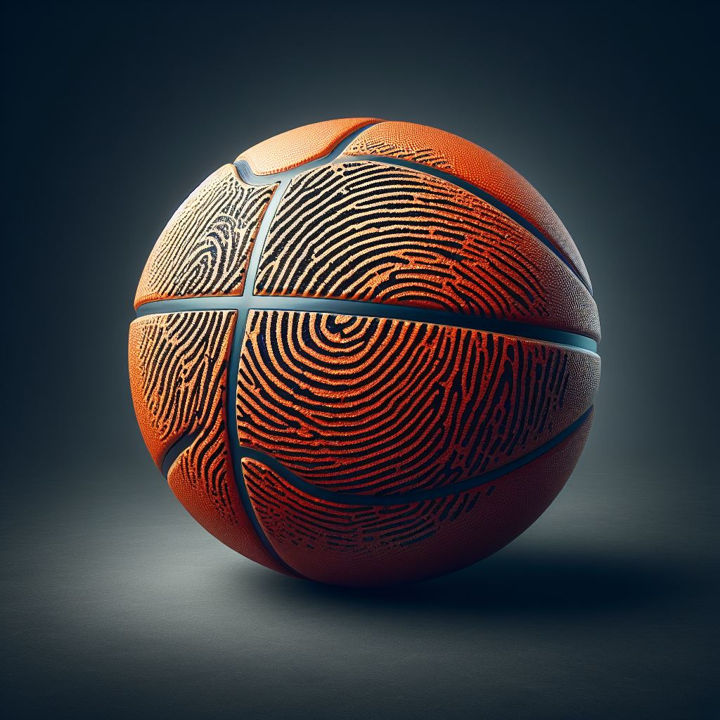 A customized basketball with a design that looks like fingerprints.