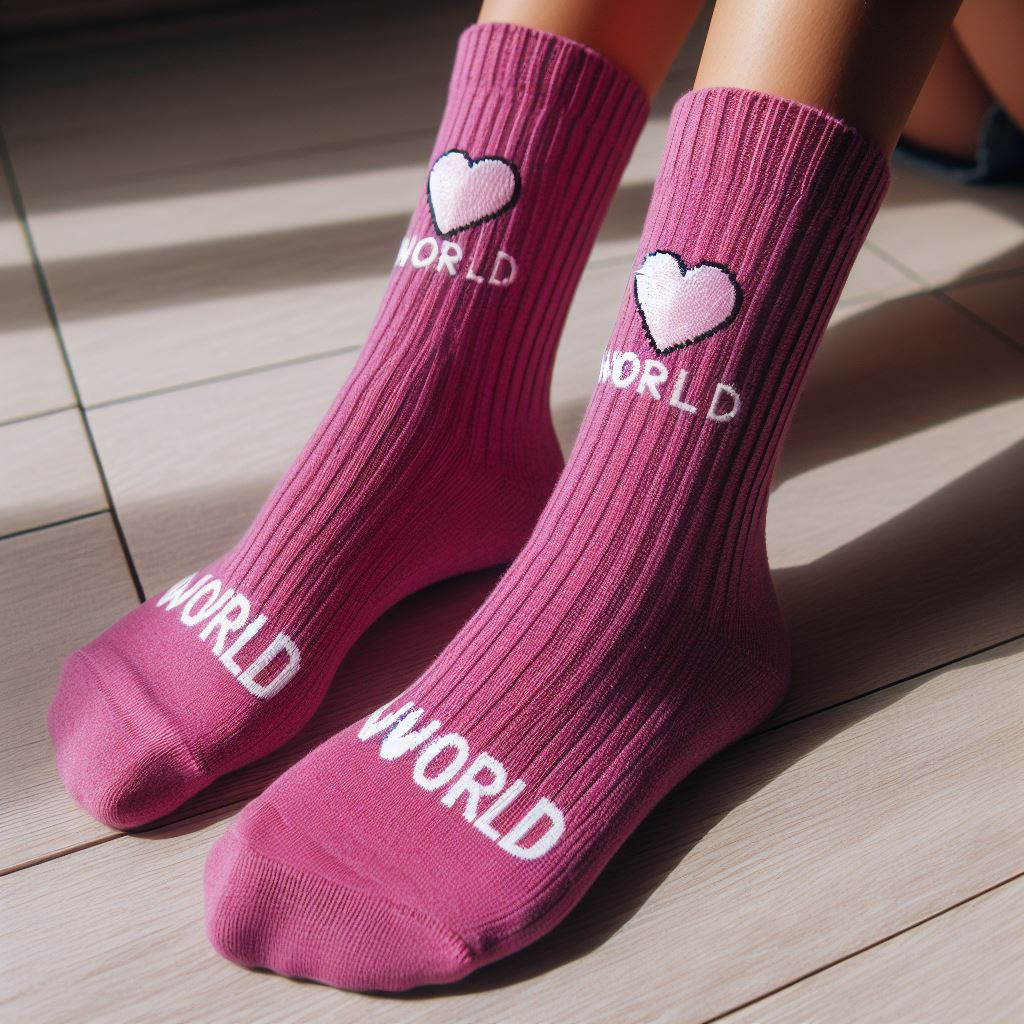 A person wearing magenta custom socks with the charity's name. They are made by EverLighten.