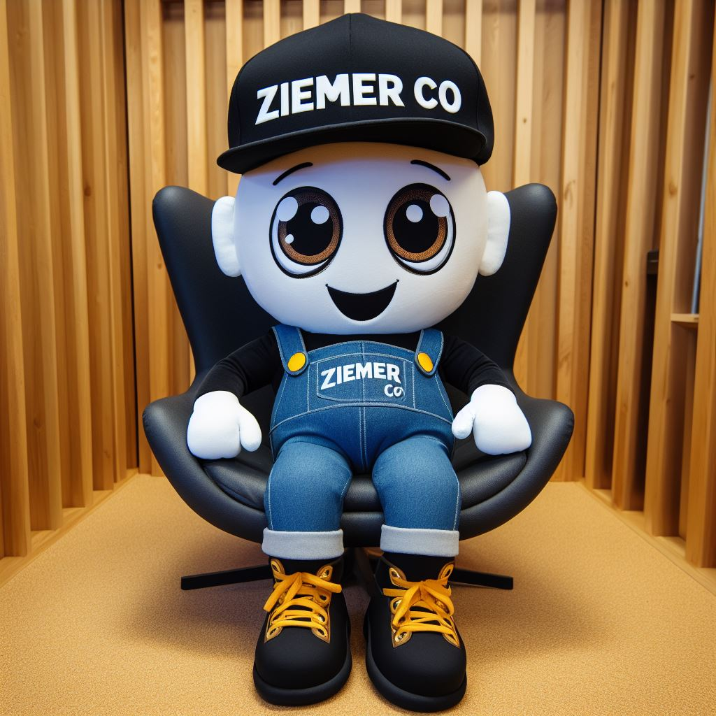 A custom plush mascot with the company's logo. It is sitting on a chair. It is made by EverLighten.