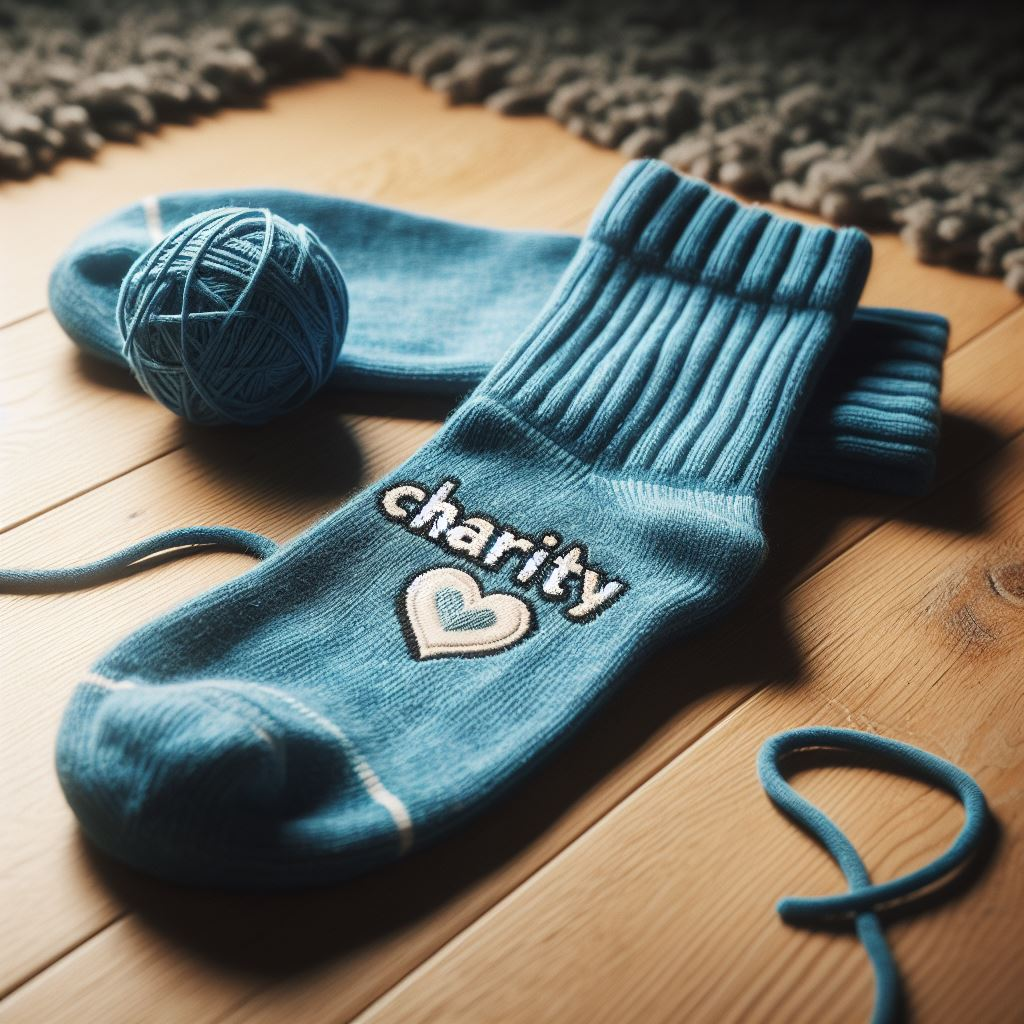 Blue custom socks for a cause lying on the floor. They are manufactured by EverLighten.