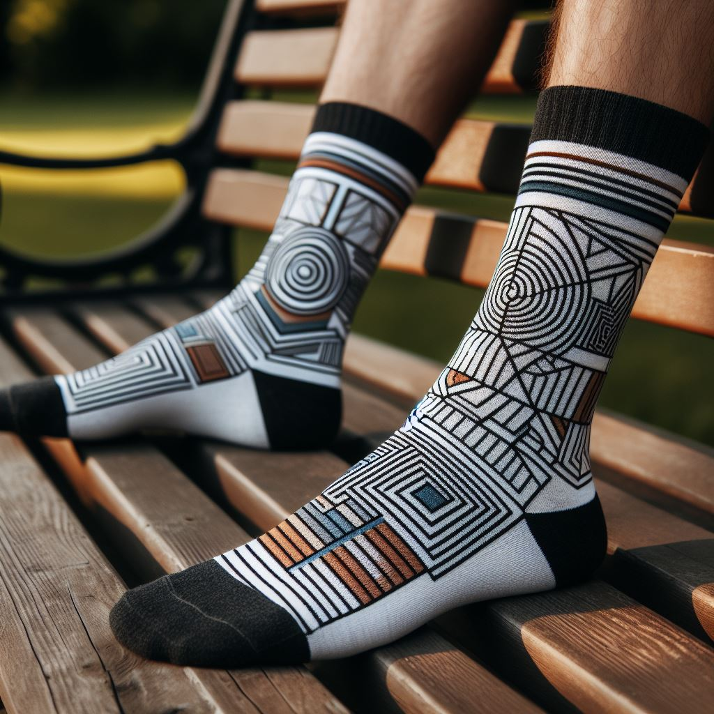 A person wearing custom socks with geometric lines on  it.