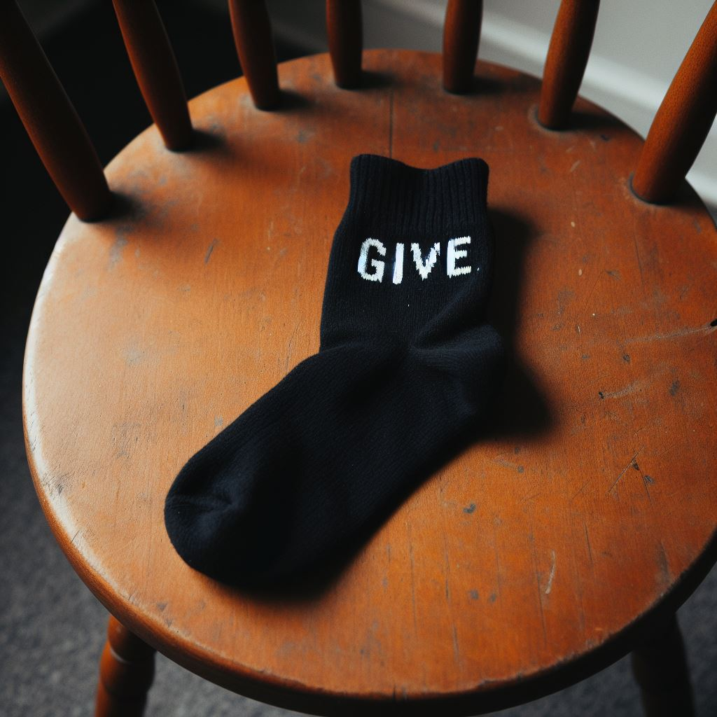 A black custom sock for a non-profit cause. It is made by EverLighten and lying on a chair.