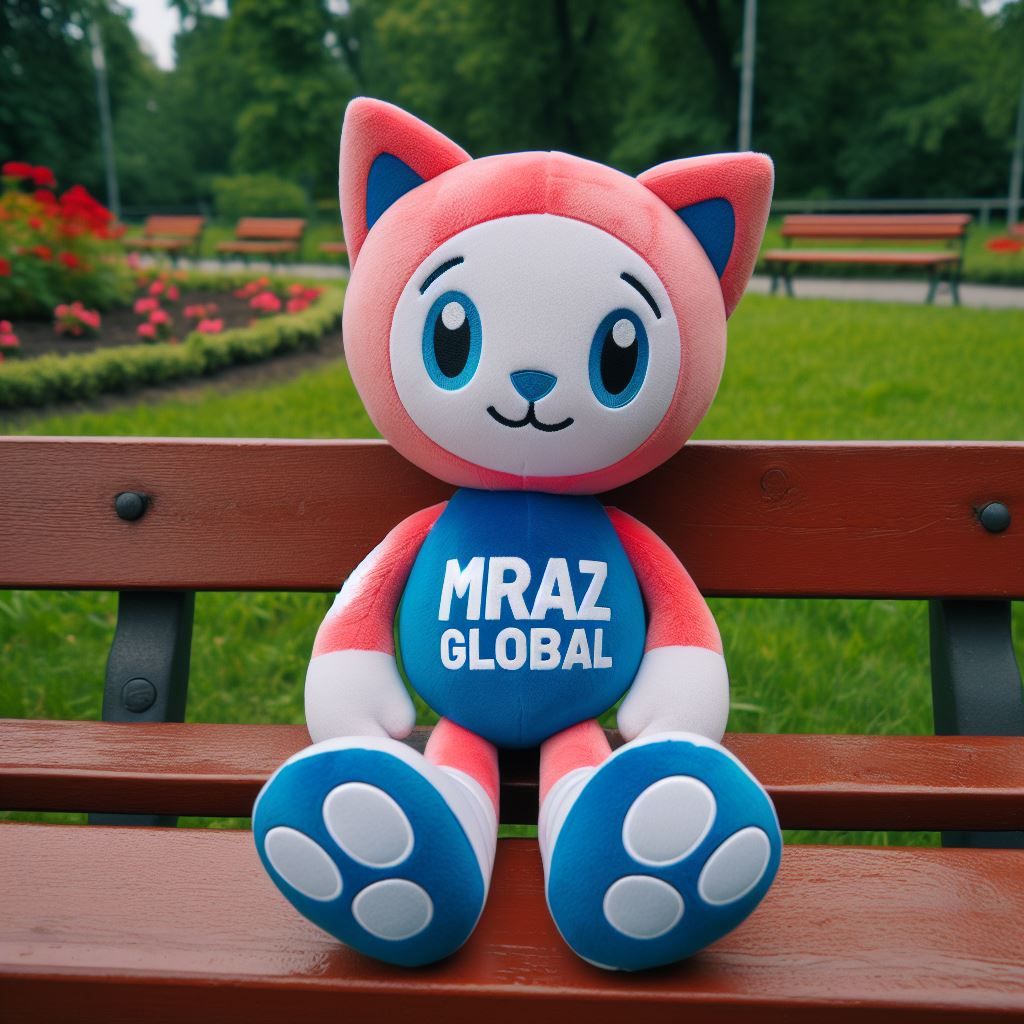 A custom plushie sitting on a park bench. It has the company's logo on its chest. It is manufactured by EverLighten.