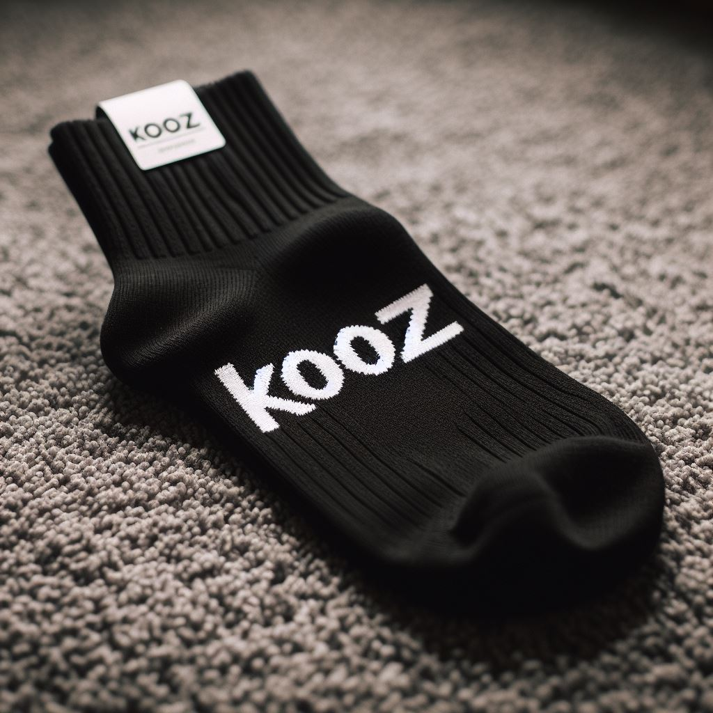 Black custom sock with the logo of a company on a rug.