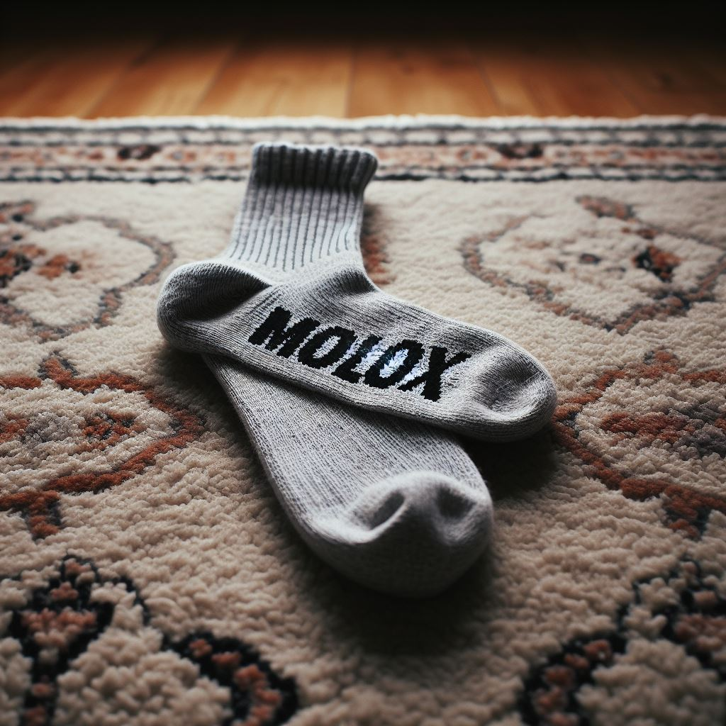 Light gray custom logo socks manufactured by EverLighten. It is lying on a carpet.