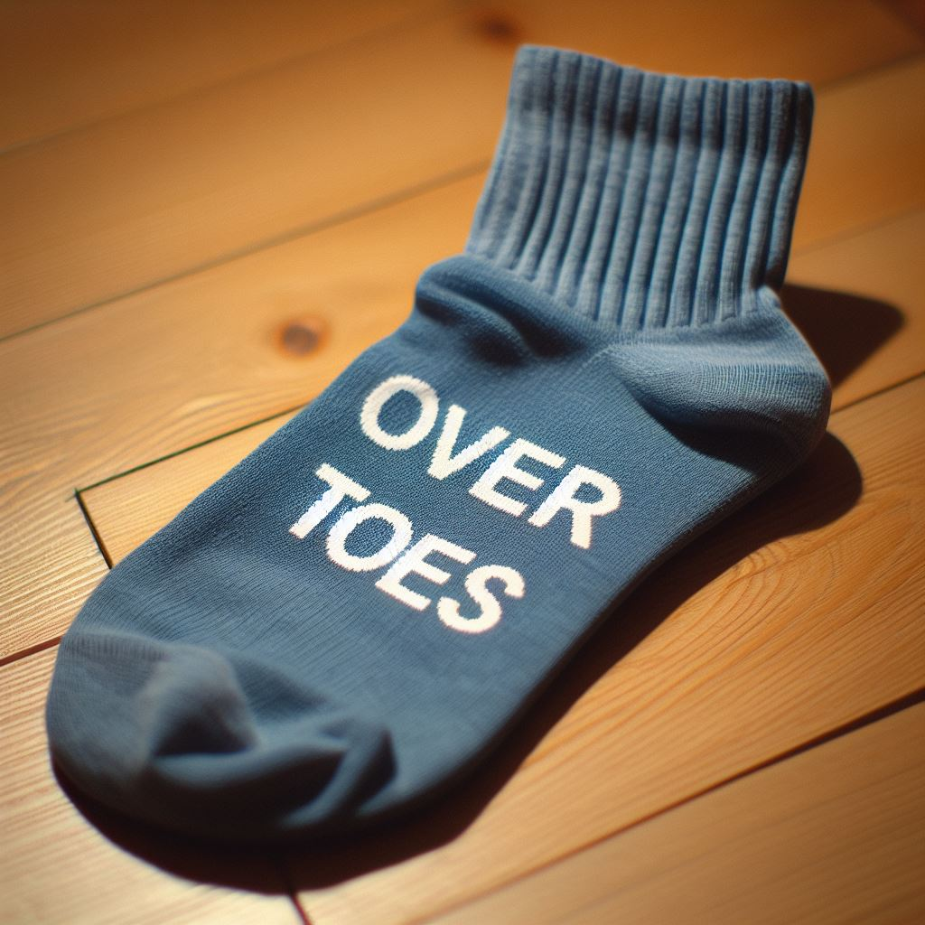 A blue custom logo sock made by EverLighten. It is lying on the floor.