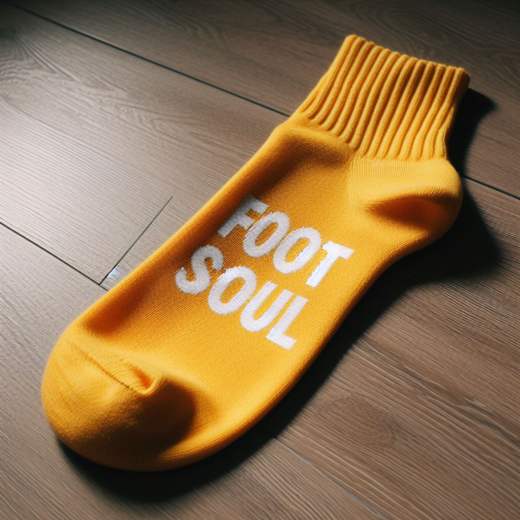 A yellow custom sock with a logo. It is lying on the floor.