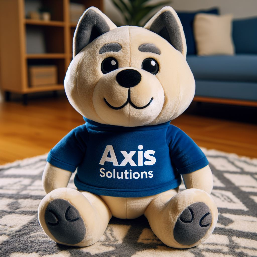 A custom stuffed animal with the company's logo. It is sitting on a table.