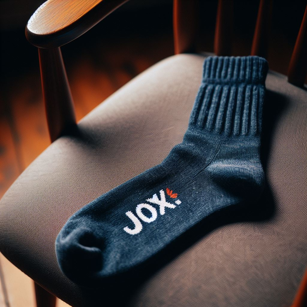 A dark-blue custom logo sock on a chair. It is manufactured by EverLighten.